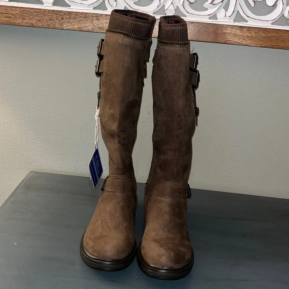 White Mountain Mazed Brown Faux Suede Tall Riding Buckle & Zip Boots sz 5.5 NWT